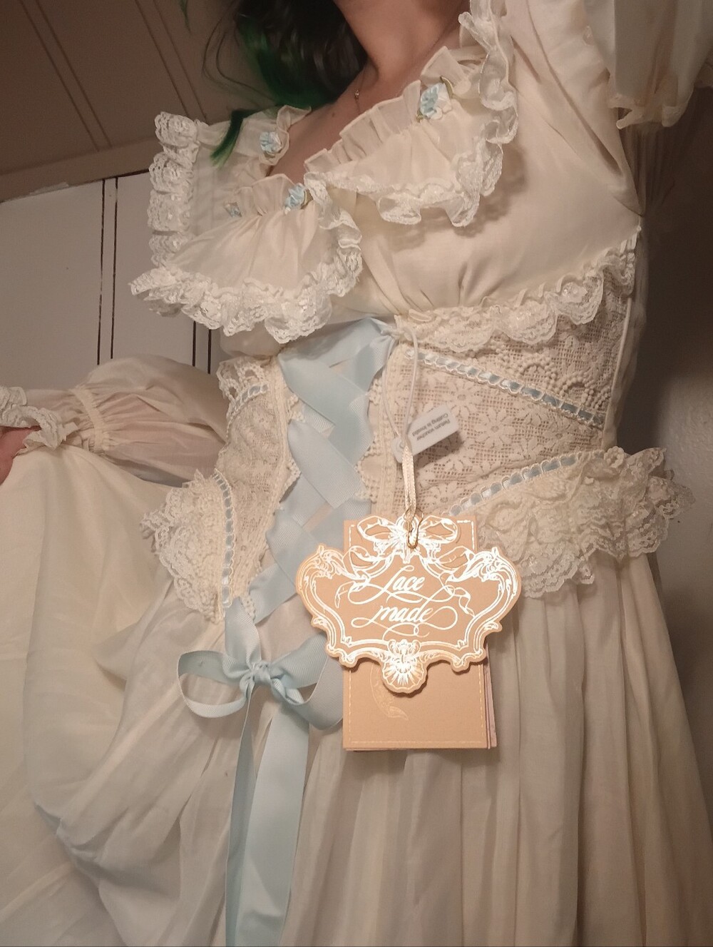Cream Lace Corset Dress with Pale Blue Ribbon LACEMADE